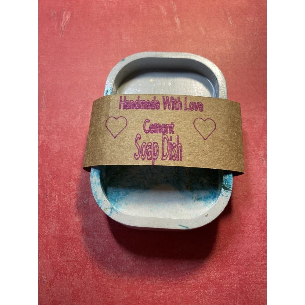 Handmade Soap Dish Cement Bathroom Kitchen Self Draining Teal With Gold